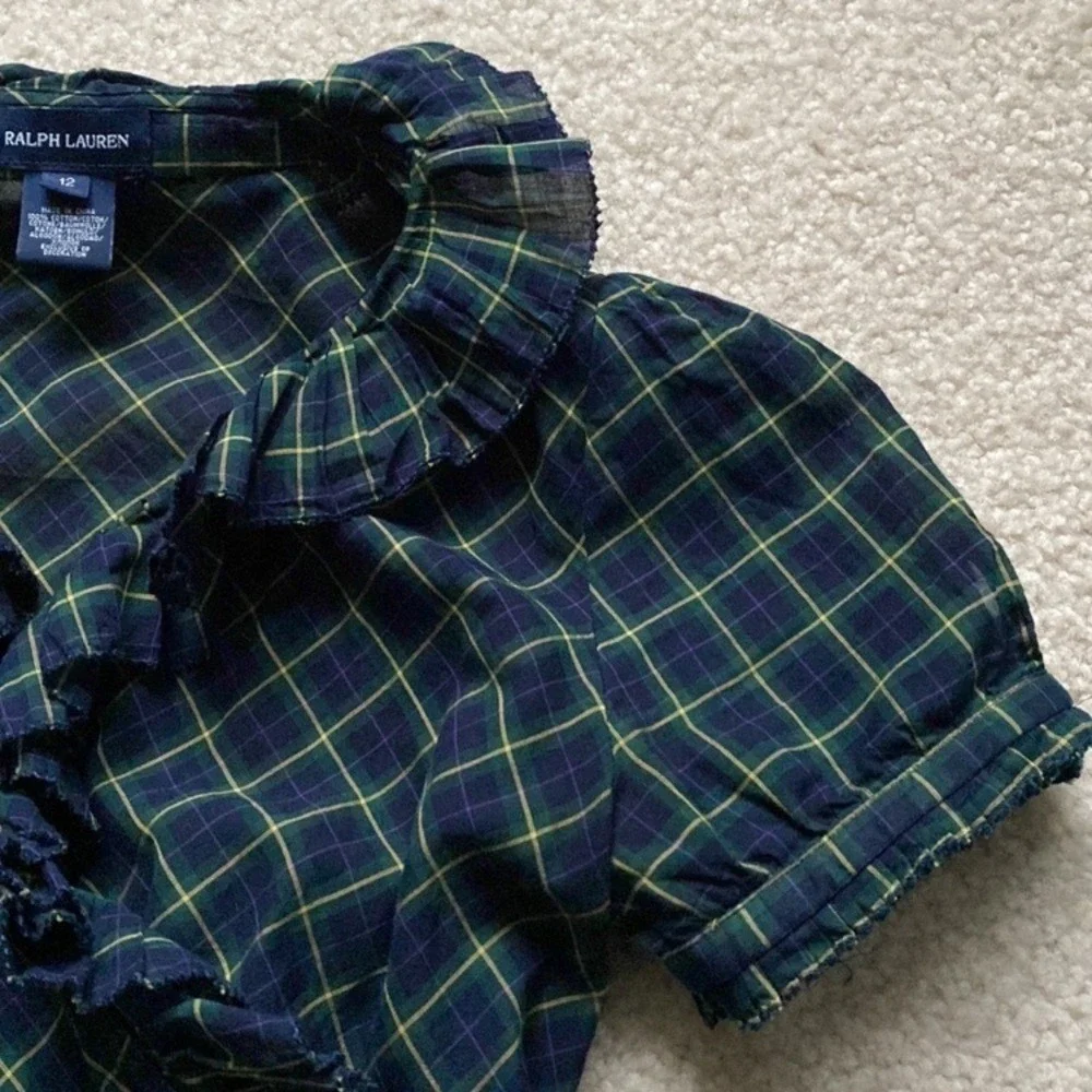 Ralph Lauren Girls Green Navy Plaid Ruffle Wrap Dress Cotton‎ Size 12 Preppy